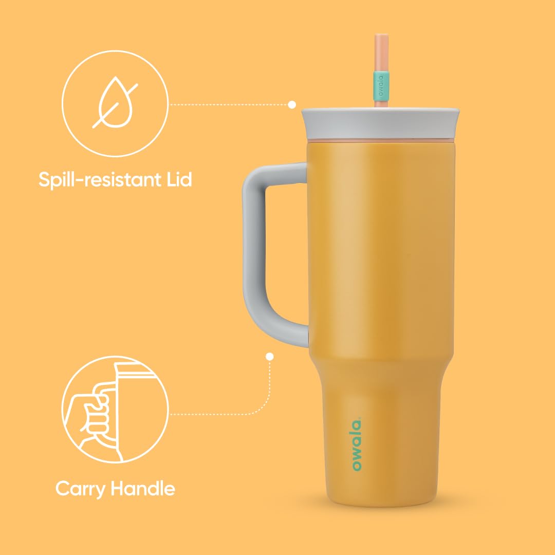 Bright orange tropical Owala tumbler highlighting color and carry handle.