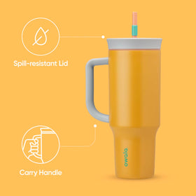 Bright orange tropical Owala tumbler highlighting color and carry handle.