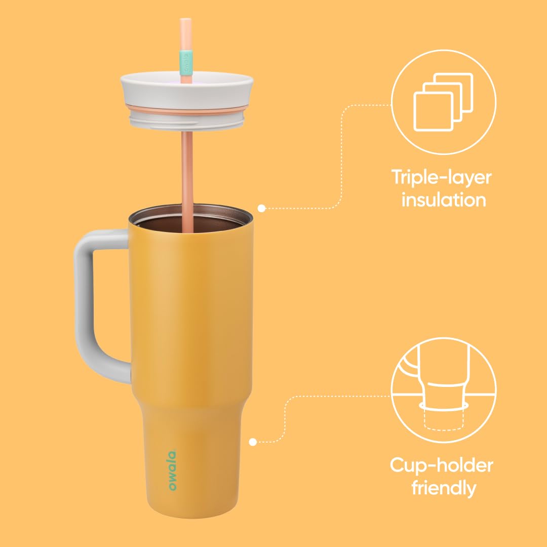 Owala tumbler shown with removable straw for easy sipping and cleaning.