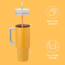 Owala tumbler shown with removable straw for easy sipping and cleaning.