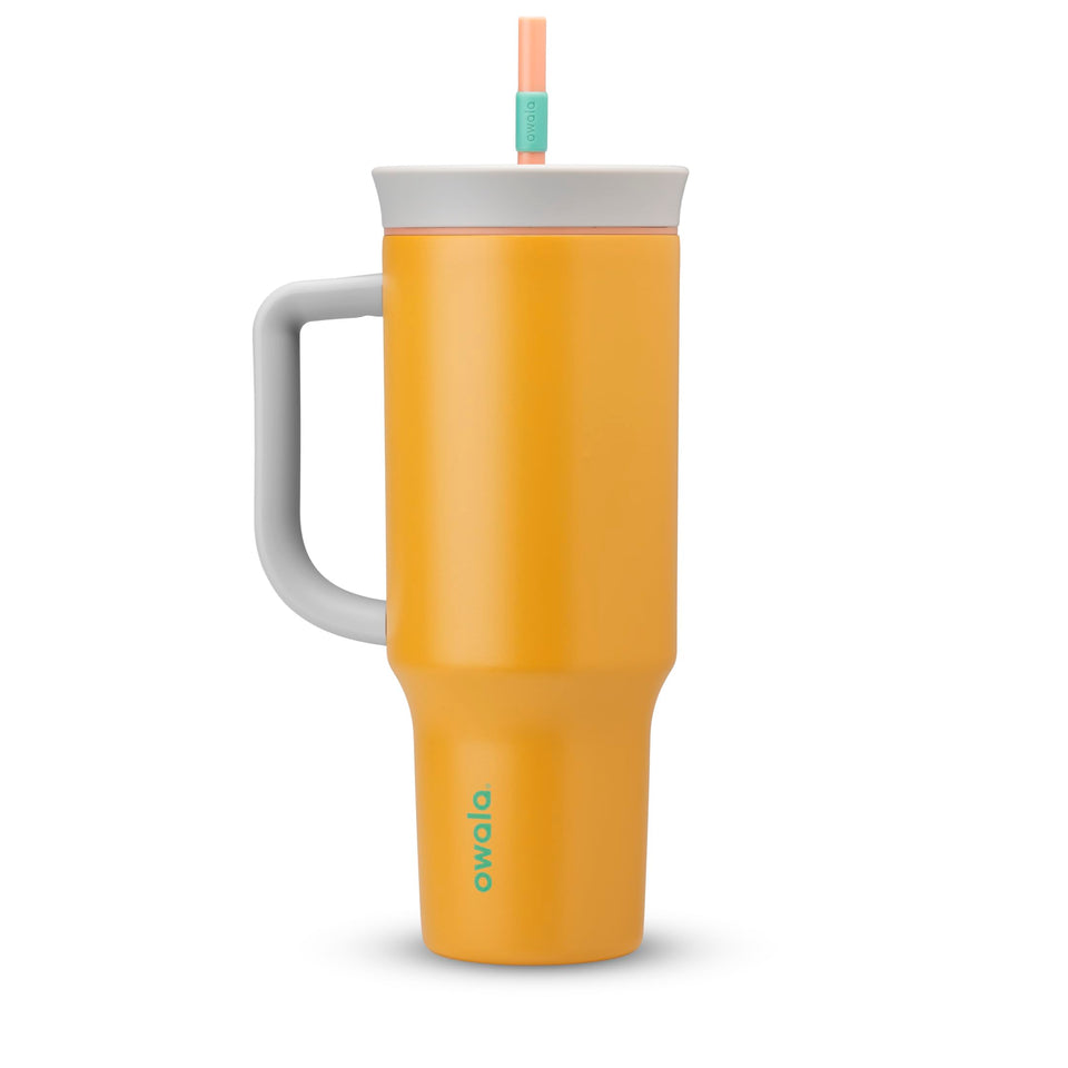 Owala 40 oz tumbler with spill-resistant lid for on-the-go hydration.
