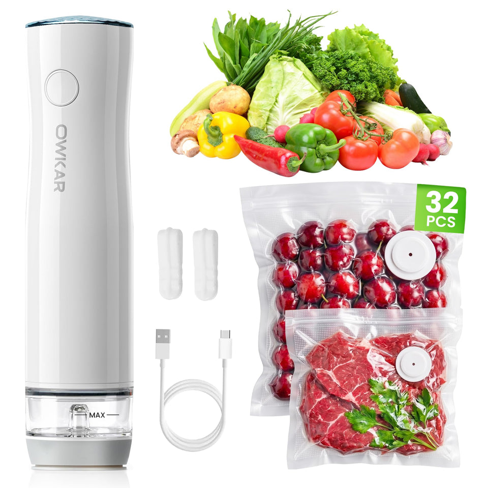 OWKAR portable handheld vacuum sealer with visible liquid tank enhances moisture control for storage