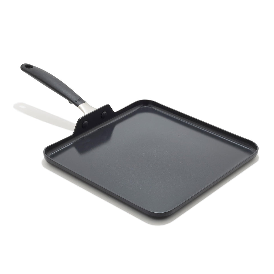 OXO 11-inch non-stick square griddle with smooth surface for easy pancake release.