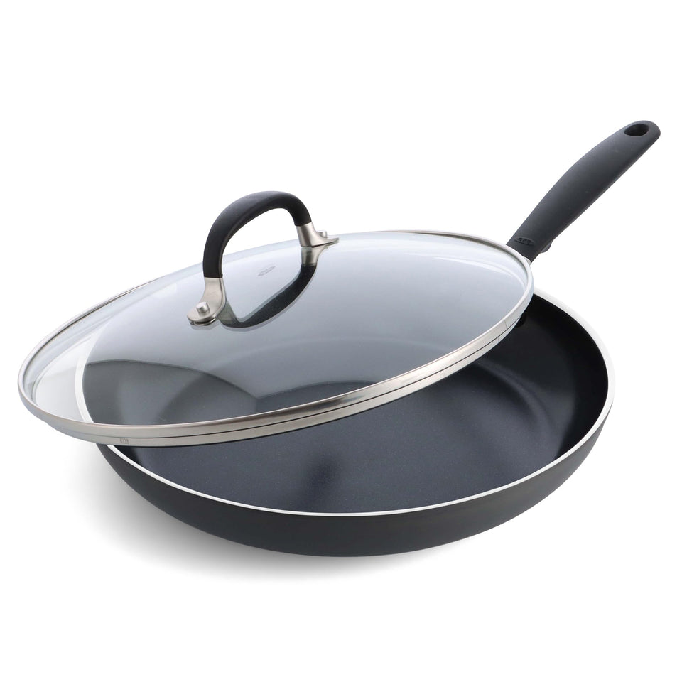 OXO 12-inch non-stick pan with lid for effortless release and weeknight meals.