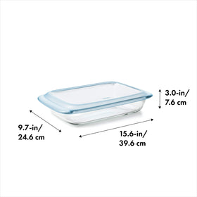 OXO borosilicate glass bakeware withstands rapid temperature changes for versatile heating.