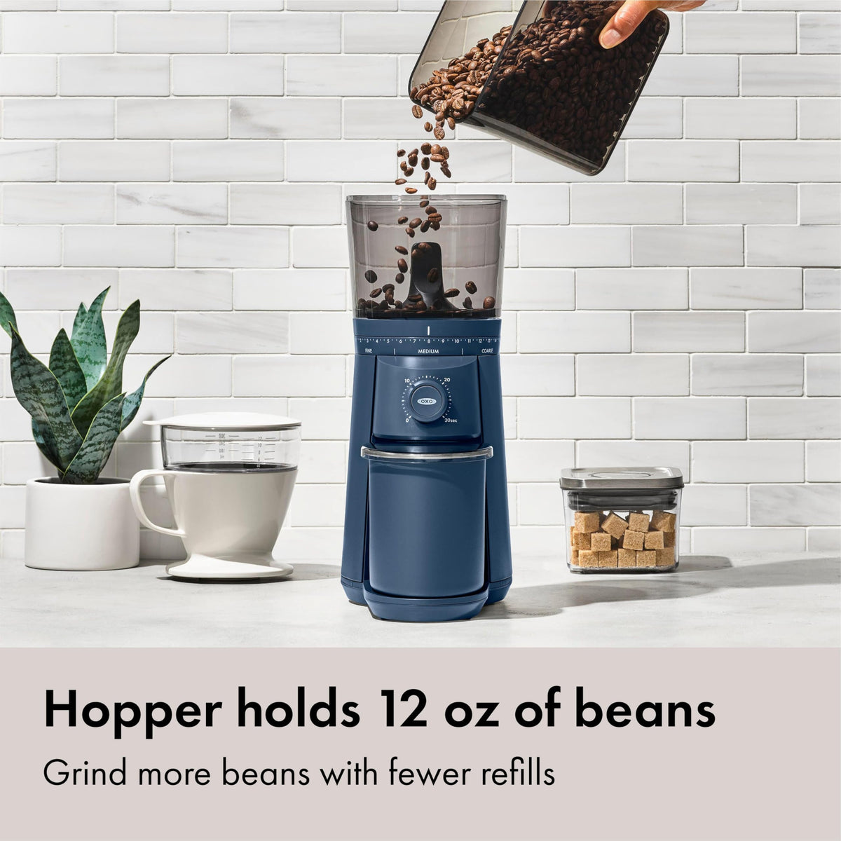 OXO Brew grinder showing 15 grind settings for espresso to French press.