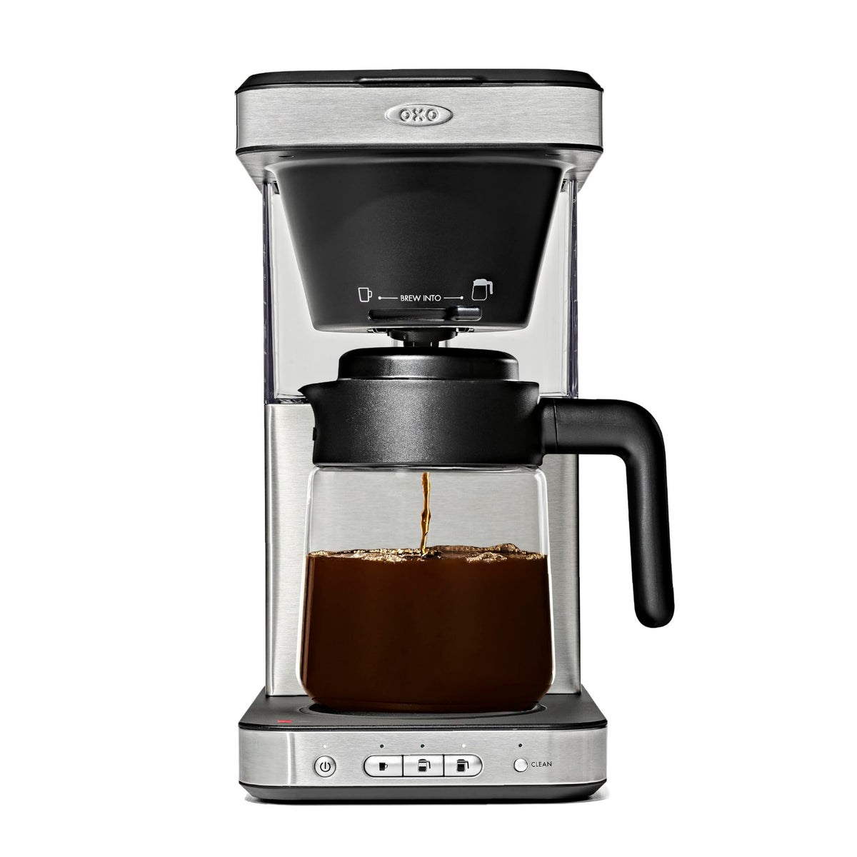OXO Brew 8-Cup coffee maker with glass carafe ready for hot brewing.