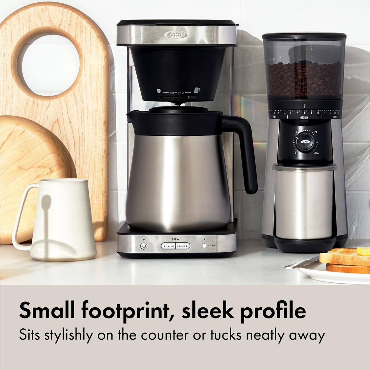 Removable well cover elevates short mugs or allows tall cups.