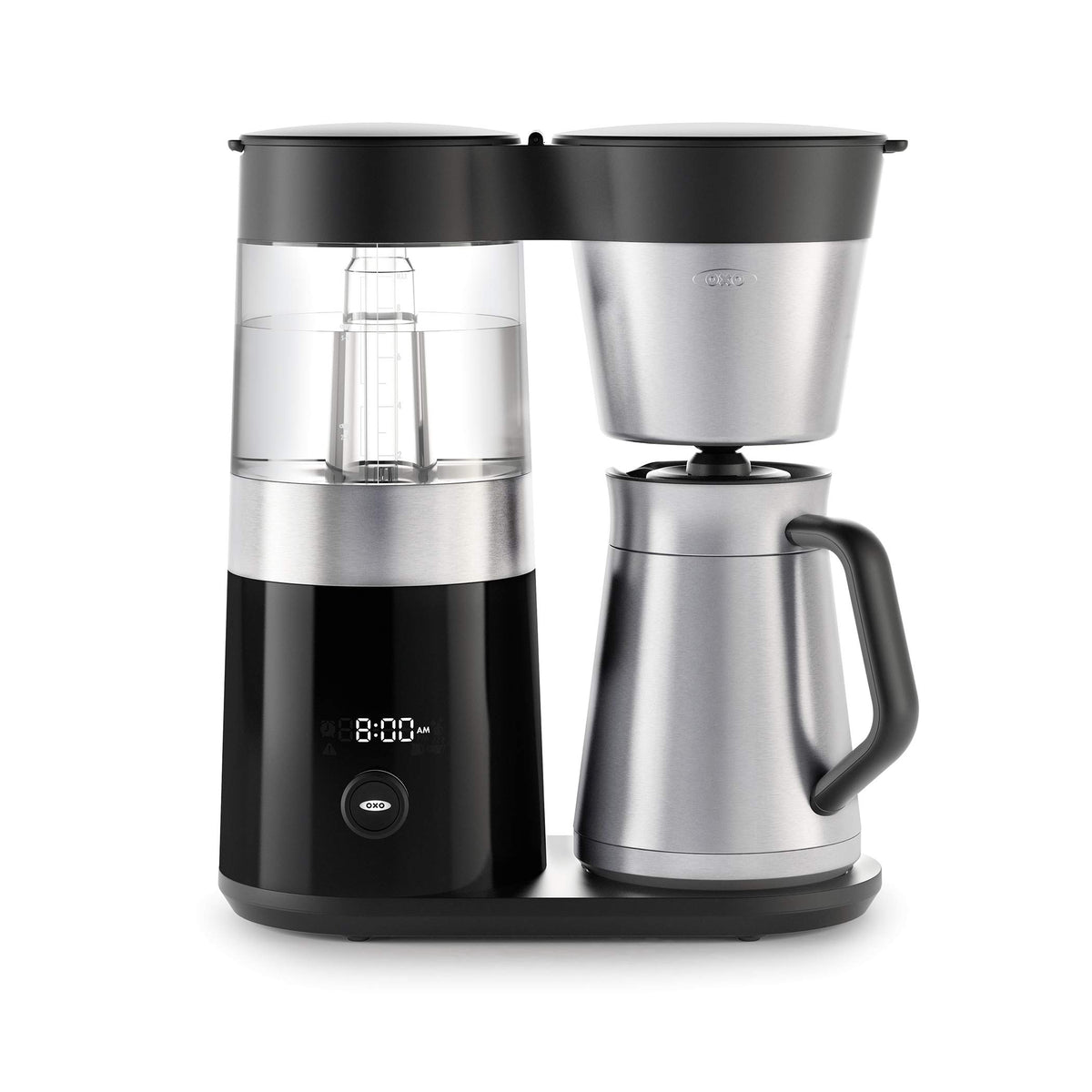 OXO Brew 9-Cup Coffee Maker front view shows a sleek stainless design for consistent, hot coffee.