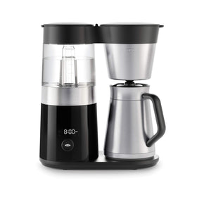 OXO Brew 9-Cup Coffee Maker front view shows a sleek stainless design for consistent, hot coffee.