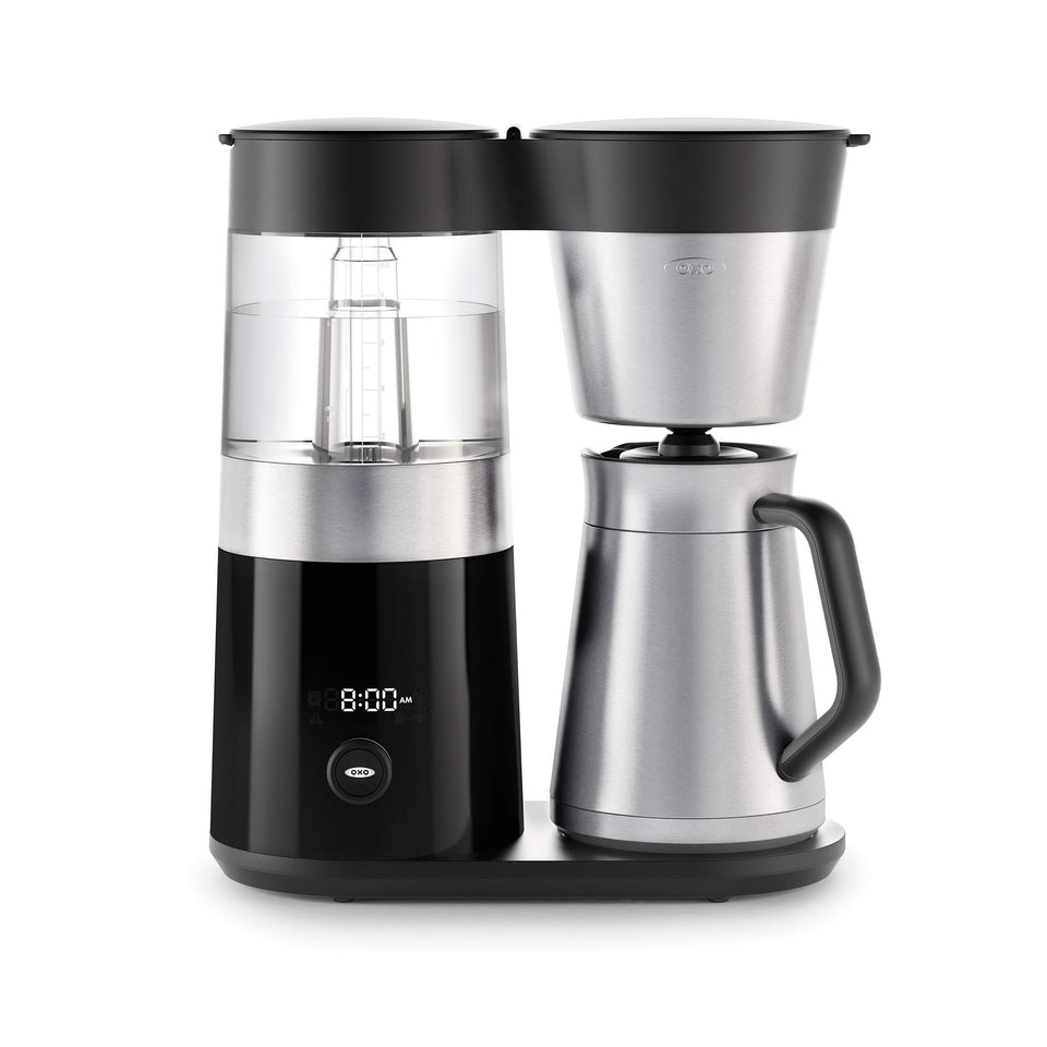 OXO Brew 9-Cup Coffee Maker front view shows a sleek stainless design for consistent, hot coffee.