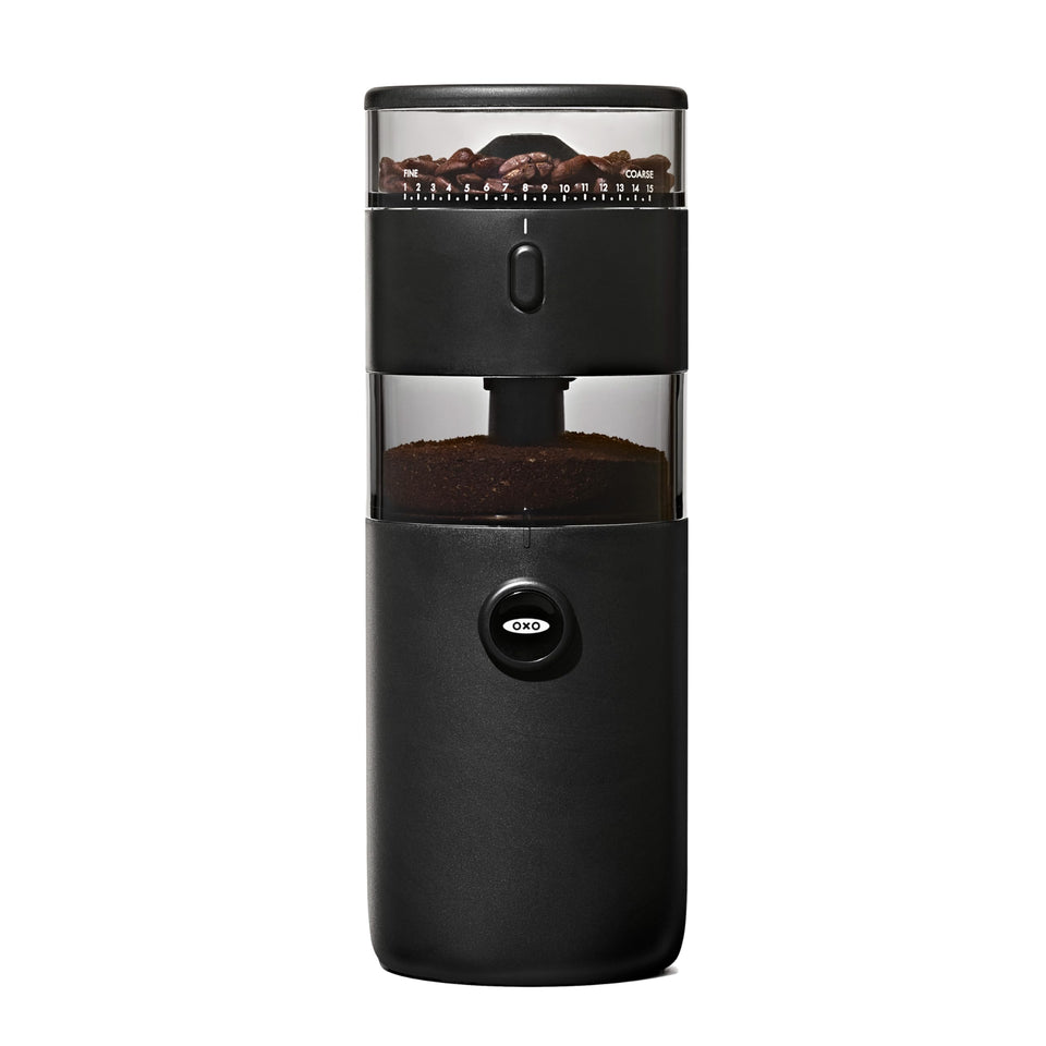 OXO Brew Compact Conical Burr Grinder with compact design for small kitchens.