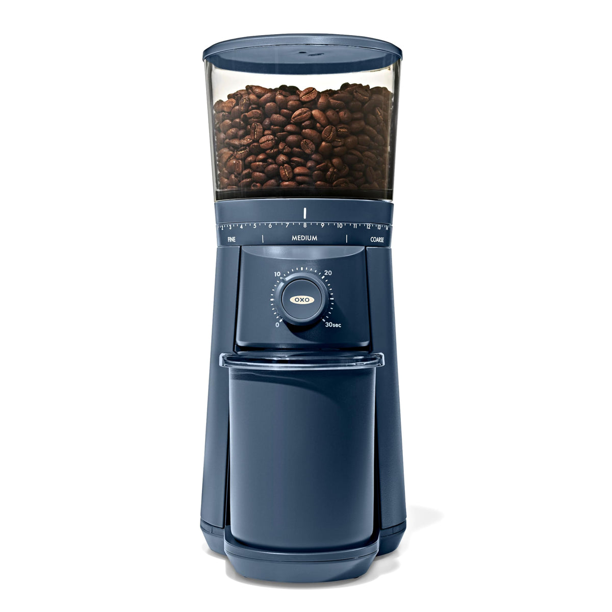OXO Brew conical burr grinder with stainless steel burrs for uniform grounds.