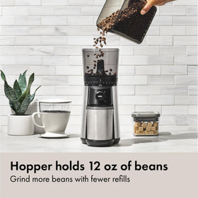 OXO Brew grinder dial settings illustrating grind range from fine to coarse