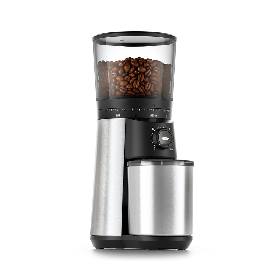 OXO Brew grinder front view showing compact stainless steel design for countertops