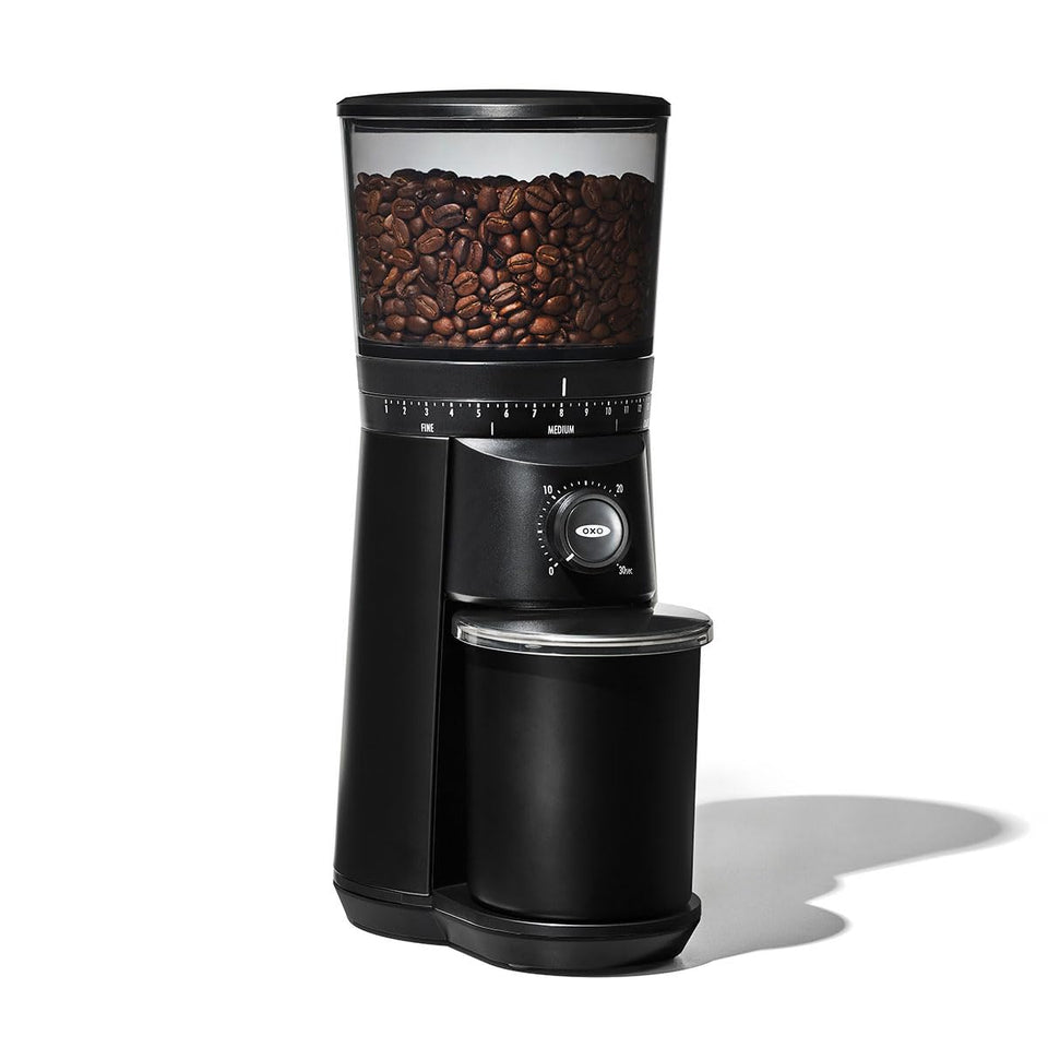 OXO Brew conical burr grinder in matte black delivers uniform grounds for even extraction