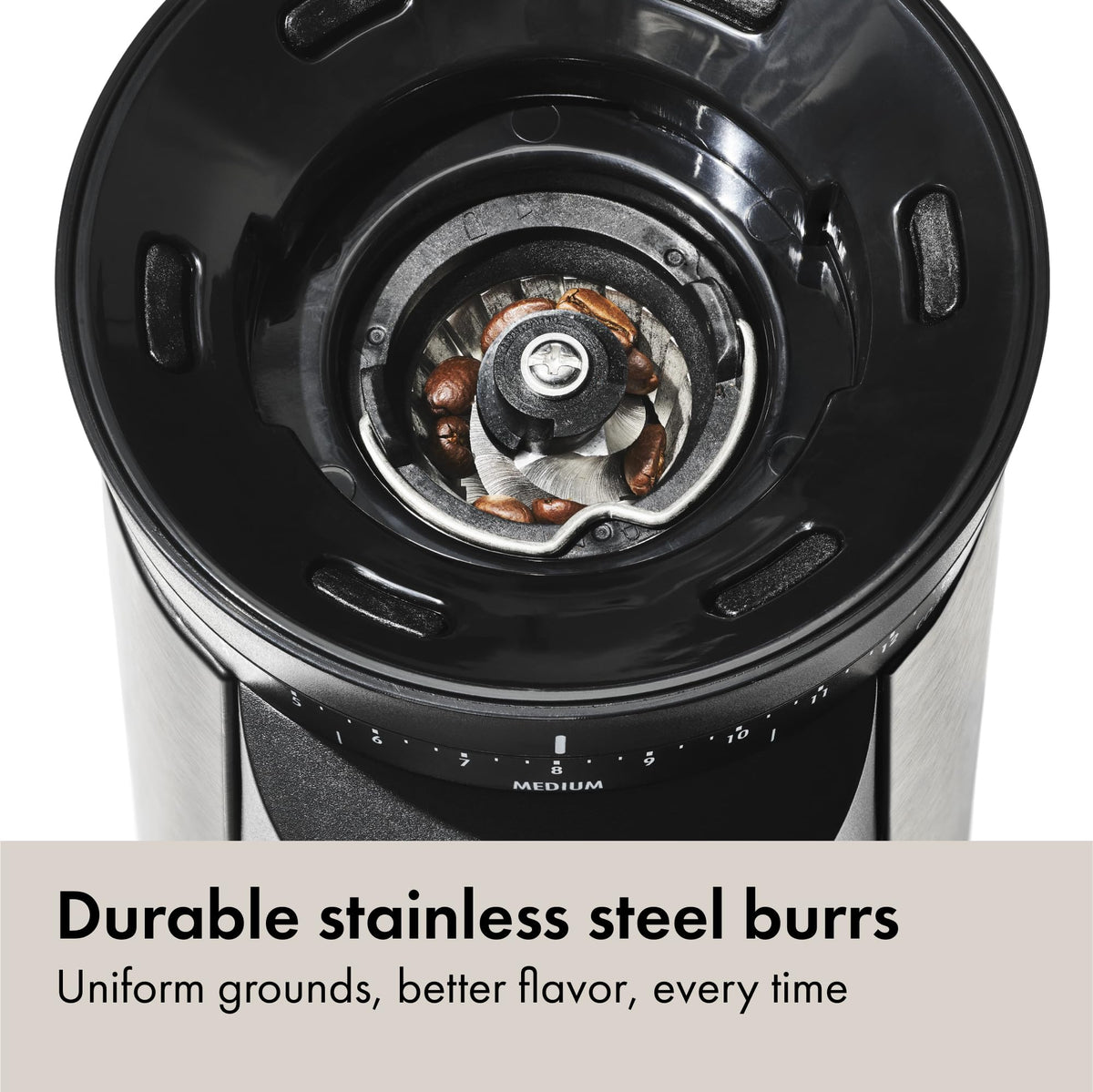 OXO Brew one-touch start button for quick, repeatable grinding
