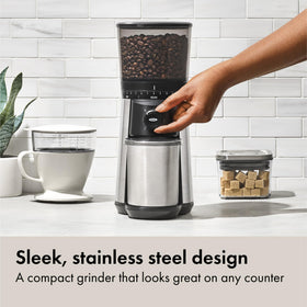 OXO Brew static-reducing container for cleaner transfer of grounds