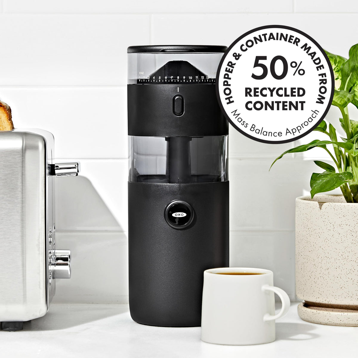 OXO cord wrap feature keeps the grinder tidy on the counter.