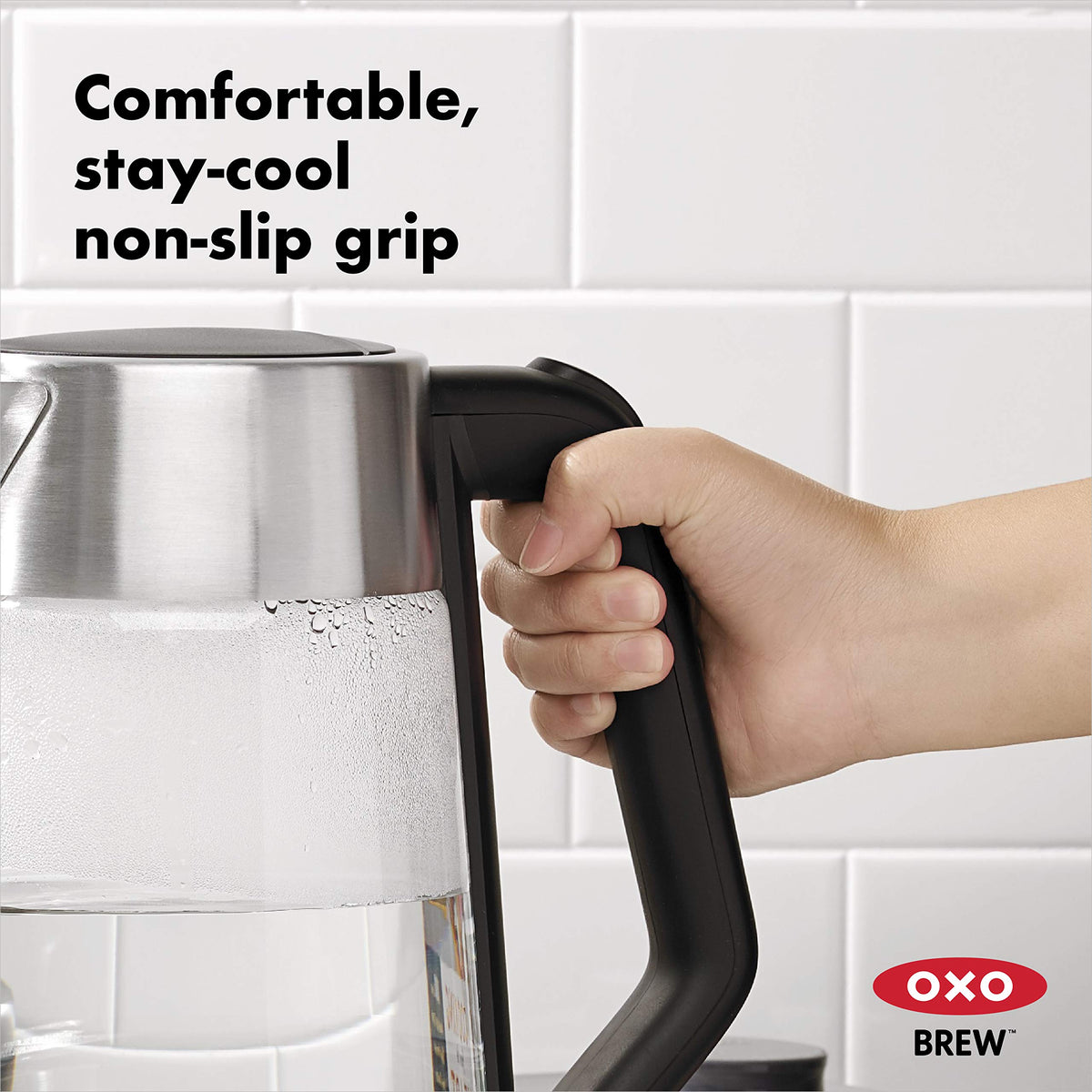 OXO Brew cordless glass kettle on 360 swivel base for cord-free serving