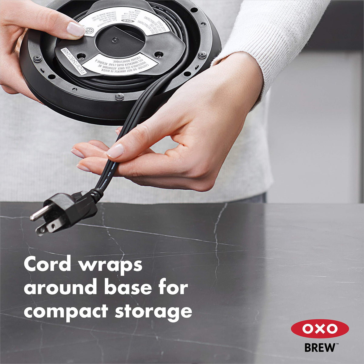 OXO Brew cordless glass kettle cord wrap storage on base
