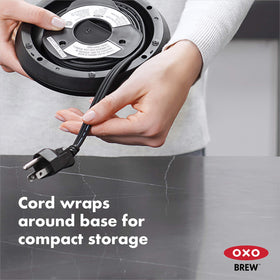 OXO Brew cordless glass kettle cord wrap storage on base