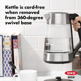 OXO Brew cordless glass kettle with LED indicator during heating