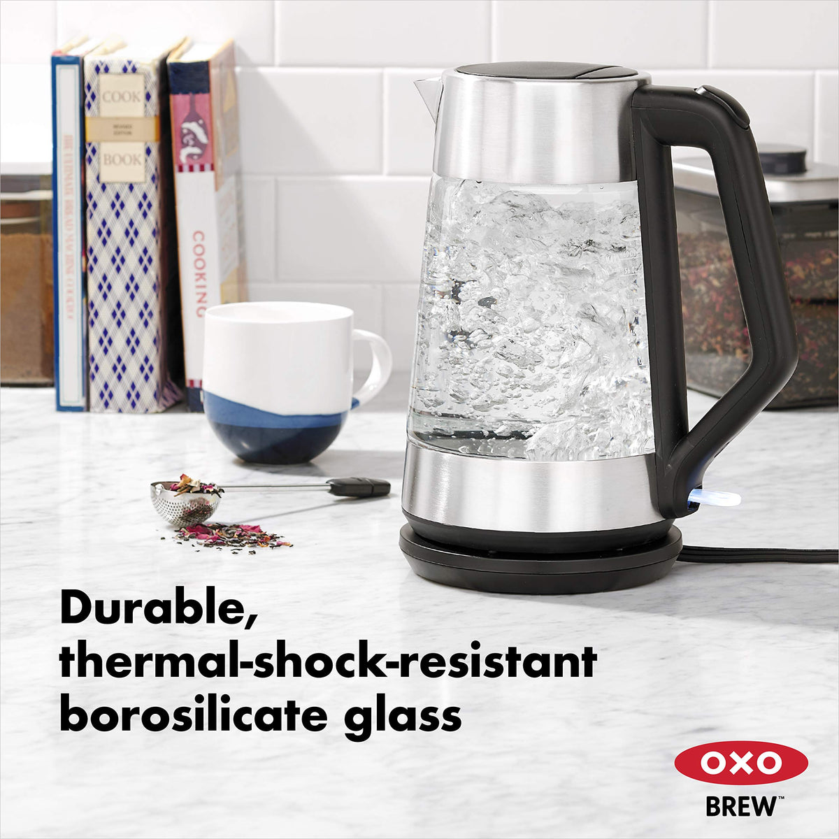 OXO Brew cordless glass kettle measurement marks for precise prep