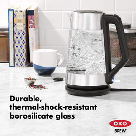 OXO Brew cordless glass kettle measurement marks for precise prep