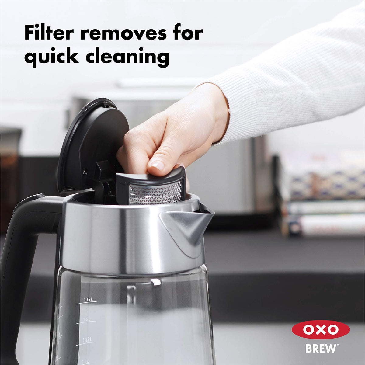 OXO Brew cordless glass kettle soft open lid controls steam