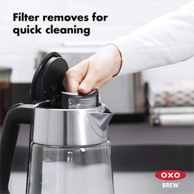 OXO Brew cordless glass kettle soft open lid controls steam