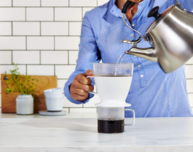 Cup of freshly brewed coffee made with OXO Brew