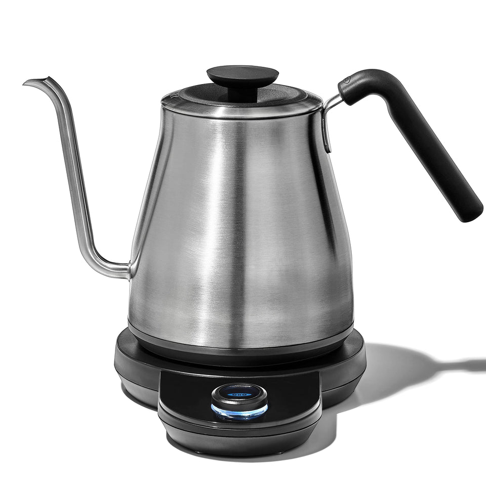 OXO Brew gooseneck spout close-up for precise pours.