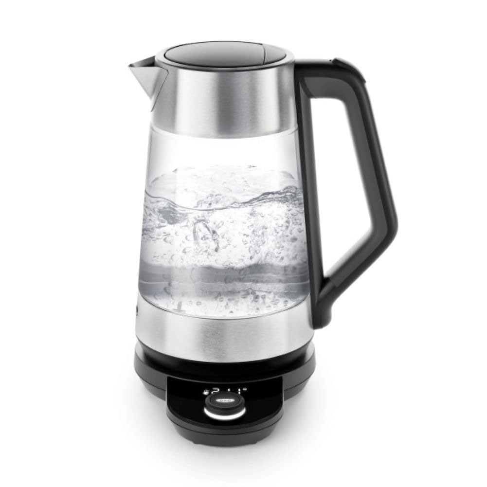 OXO Brew adjustable temperature kettle front view with clear glass for precise control