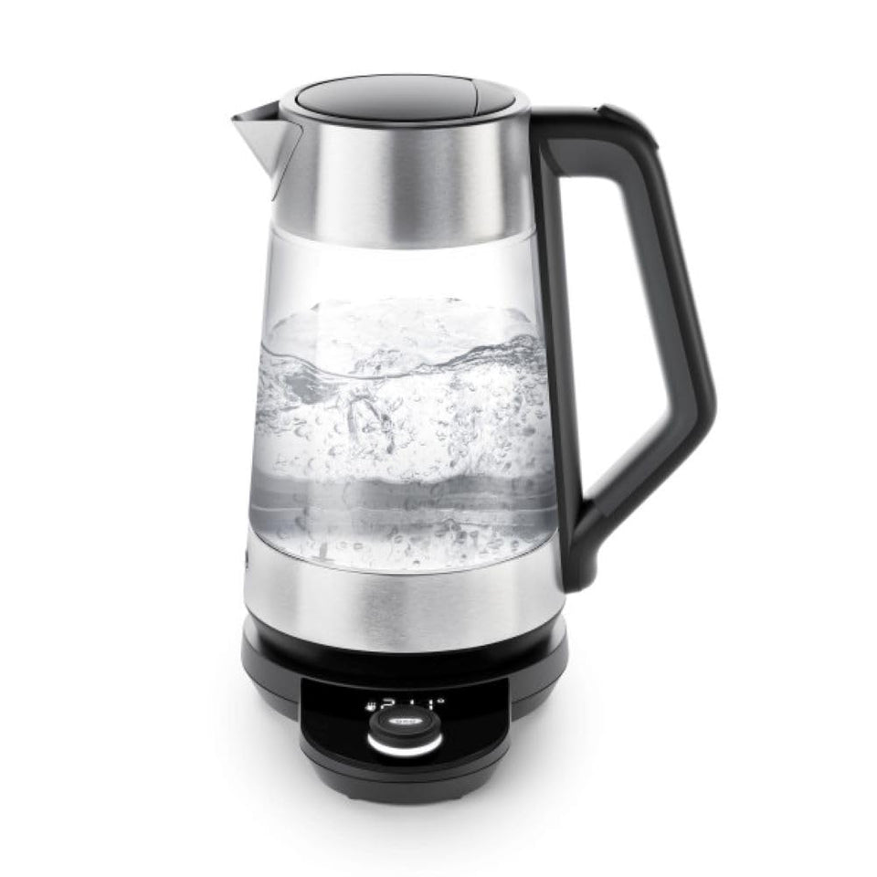 OXO Brew adjustable temperature kettle front view with clear glass for precise control