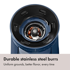 OXO Brew one-touch start remembers your last setting for quick grinds.