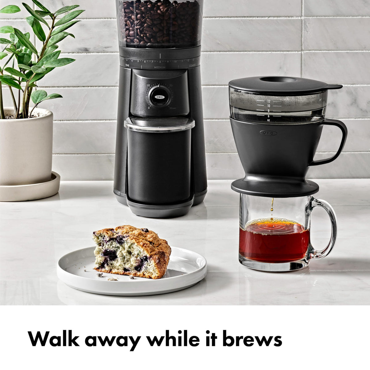 OXO Brew Pour Over with measurement marks helps you add water accurately.