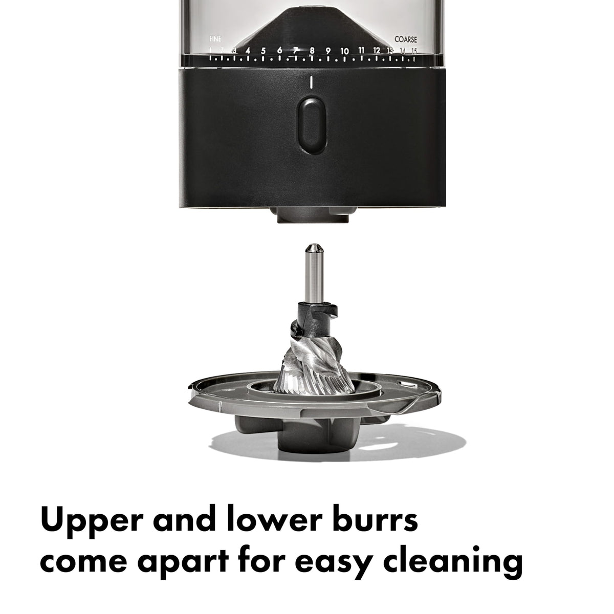 OXO Brew grinder with removable upper and lower burrs for easy cleaning.