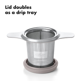 OXO Brew Tea Infuser Basket lid doubles as drip tray, keeping counters mess-free.