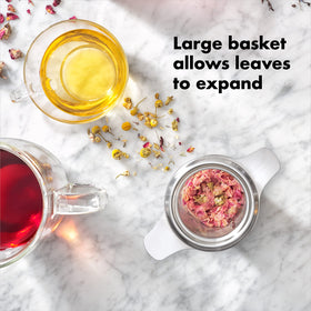 OXO Brew Tea Infuser Basket silicone touchpoints stay cool during brewing.