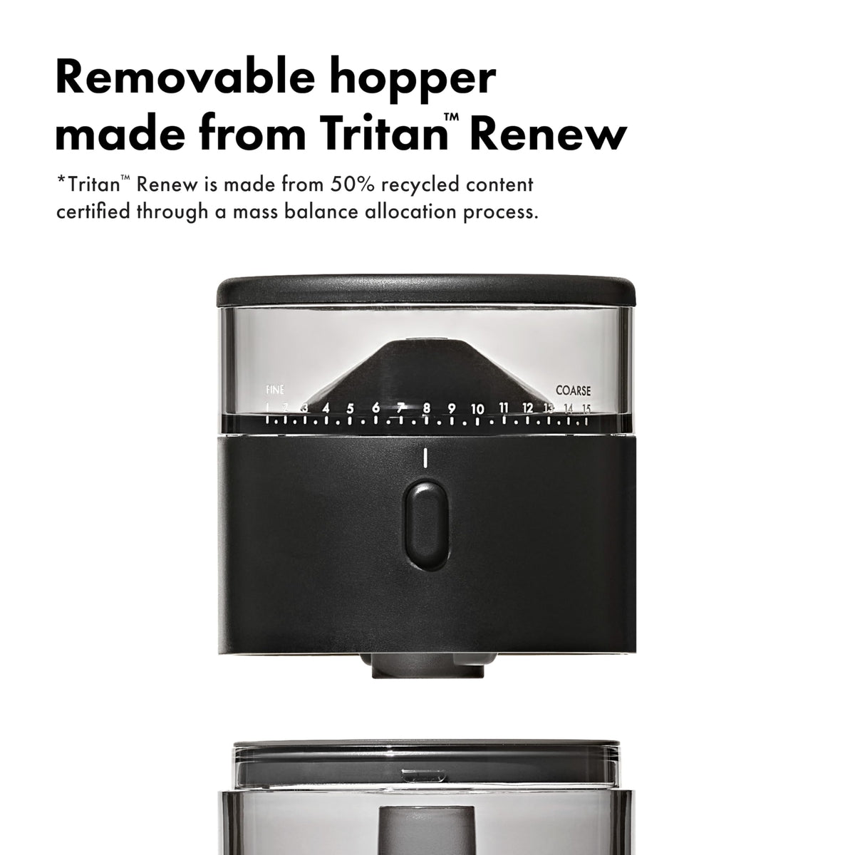 OXO Renew Tritan hopper emphasizes recycled content and durable design.