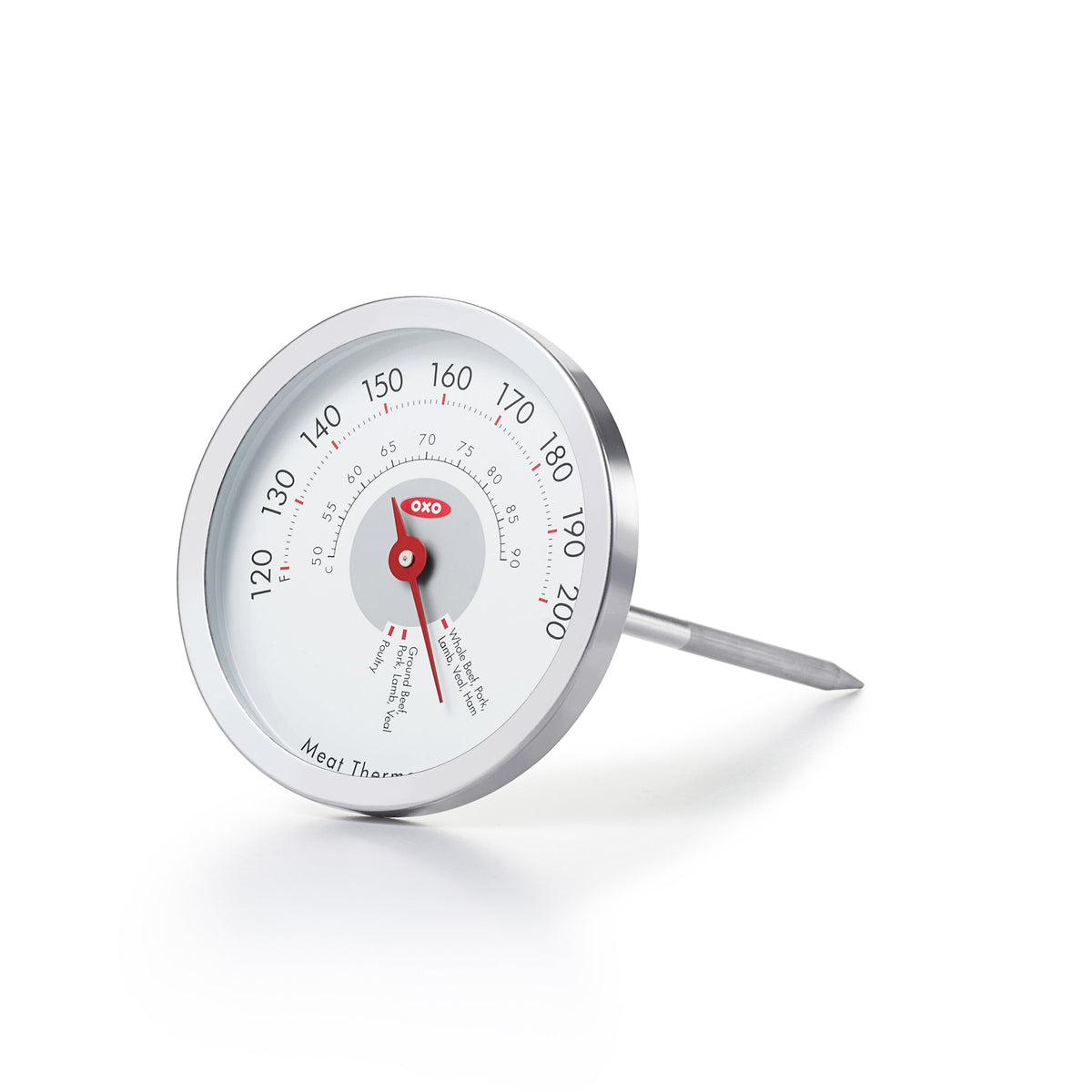 OXO Good Grips Chef's Precision analog thermometer probe in oven for precise results.