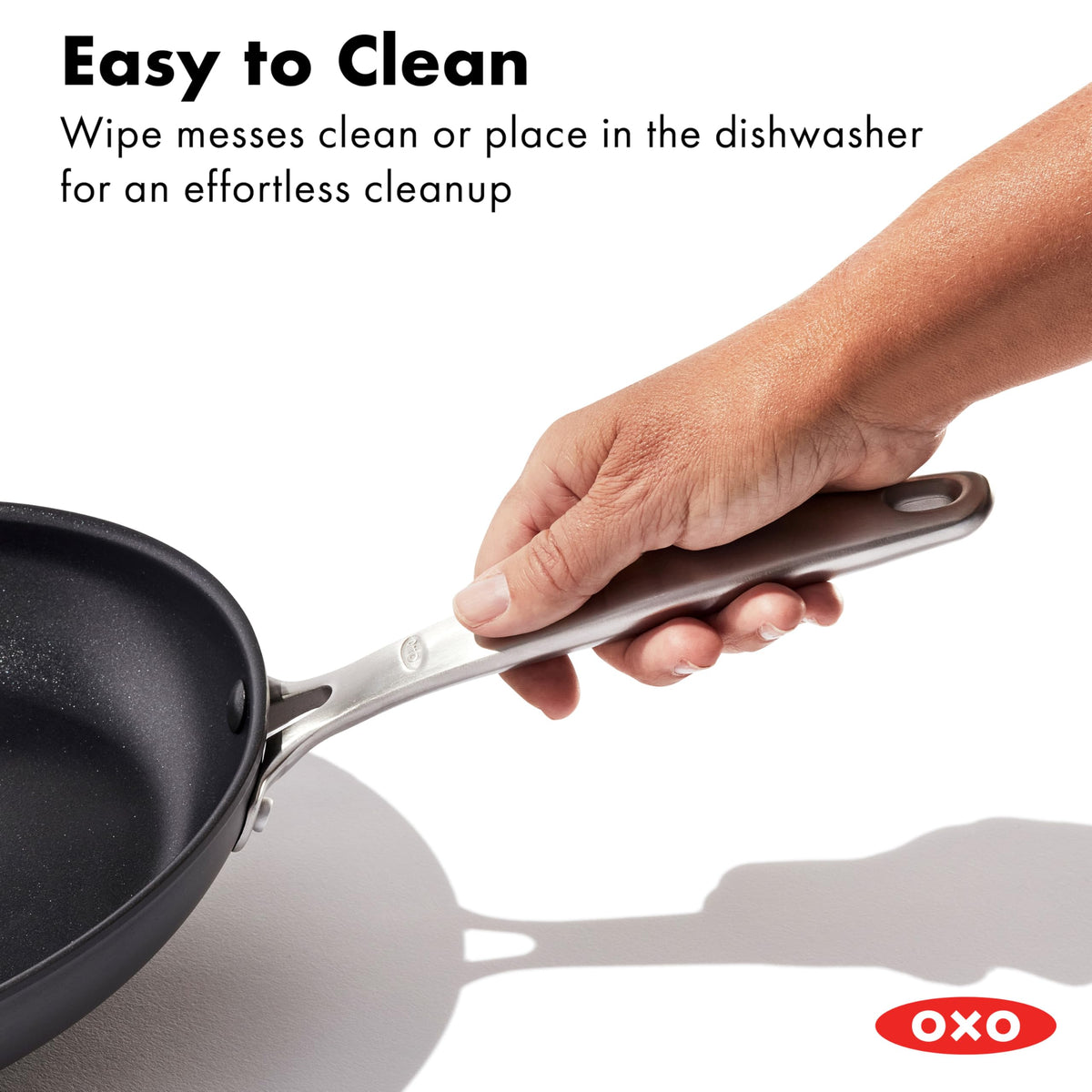 OXO-enhanced pan showcases durable ceramic coating and even heat for versatile meals.