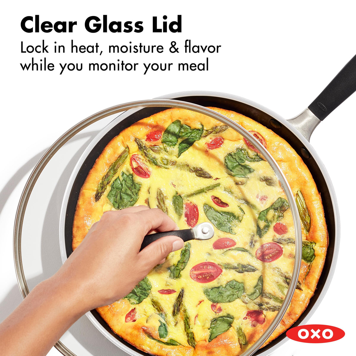 OXO diamond-reinforced ceramic coating ensures durable, easy food release.