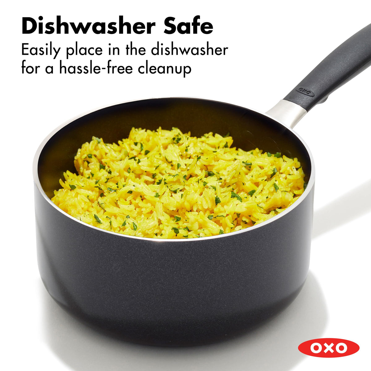 OXO dishwasher-safe cookware makes cleanup quick after family meals.