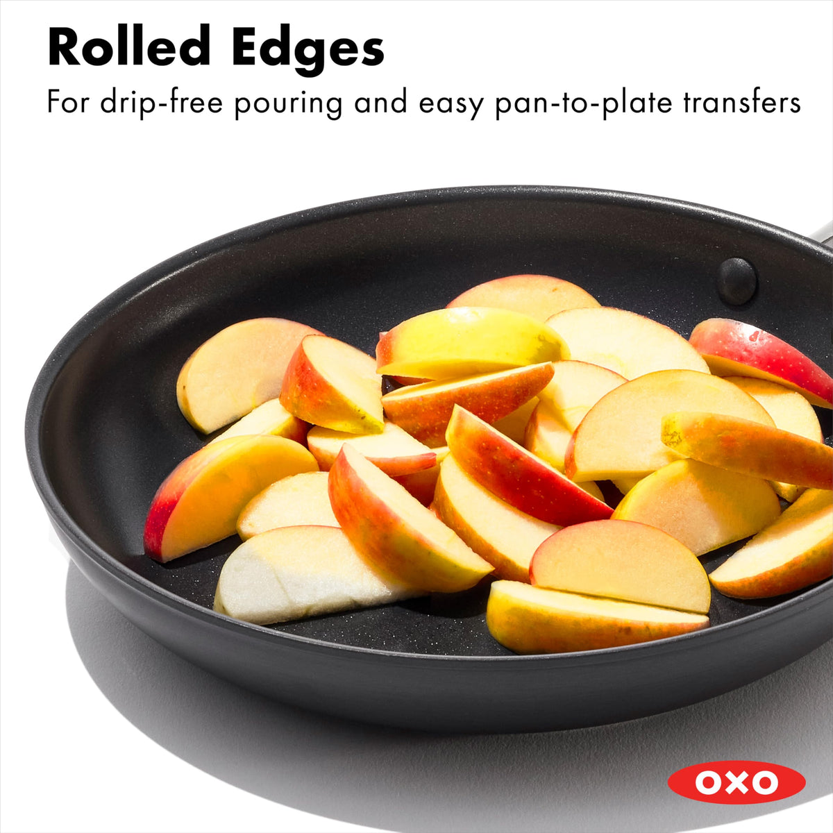 OXO Enhanced 10-inch pan featuring a stainless steel handle for secure control.
