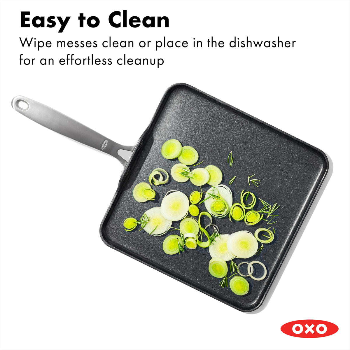 OXO Enhanced 11-inch griddle pan, top view highlighting low walls and generous cooking surface.