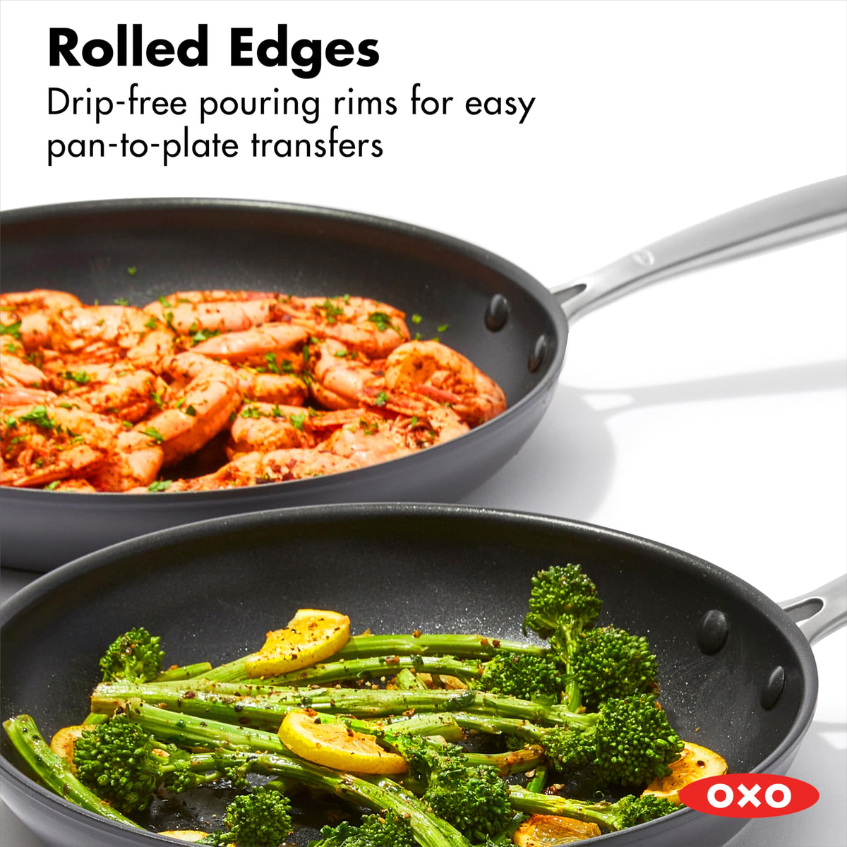 OXO Enhanced 12-inch frying pan featuring stainless steel handle for a secure grip.