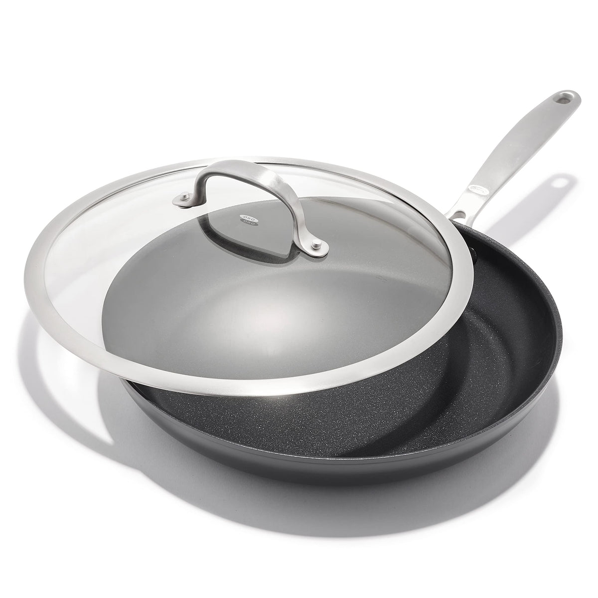 OXO Enhanced 12-inch pan with lid, clear-view lid for easy meal checks.
