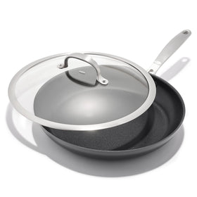 OXO Enhanced 12-inch pan with lid, clear-view lid for easy meal checks.